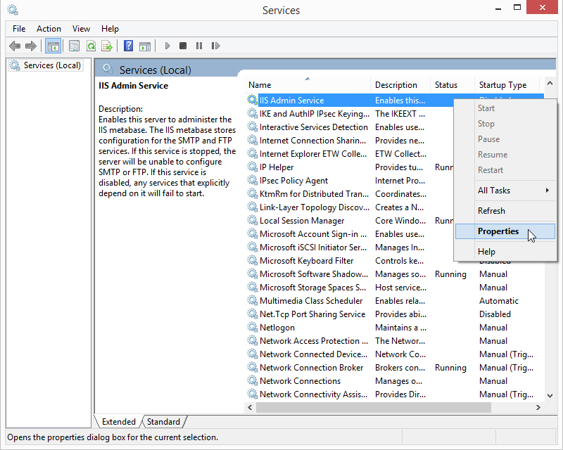 IIS Admin Service Properties