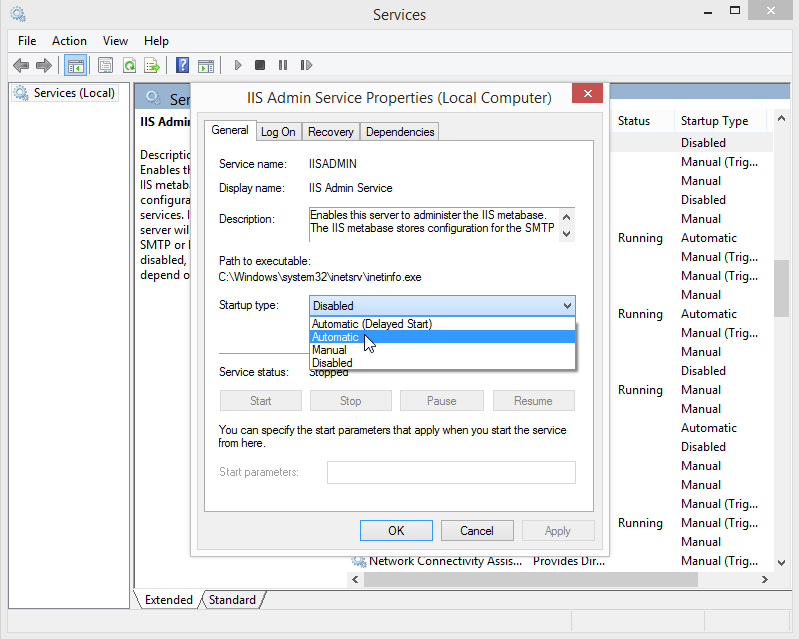 Set IIS Admin Service to Automatic