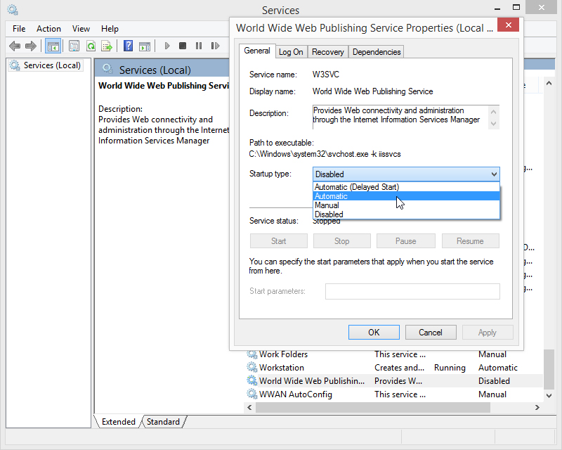 Set W3SVC to Automatic