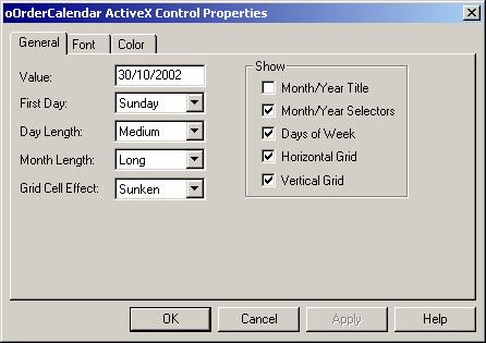 Calendar Control Properties Dialog