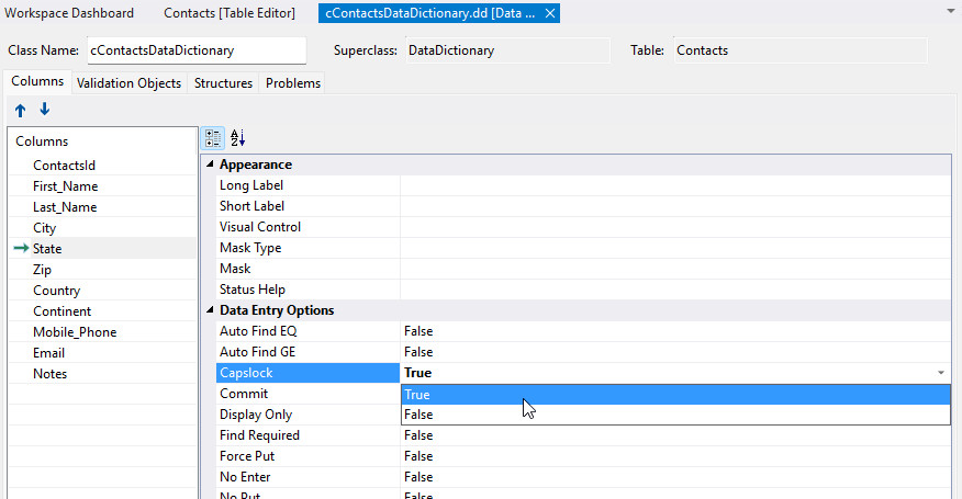 Contacts DD State Column Capslock True