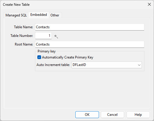 Create New Table Dialog Contacts