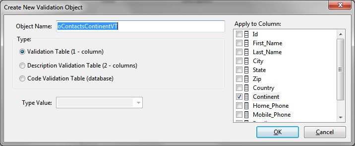 Create New Validation Object Dialog Contacts Continent