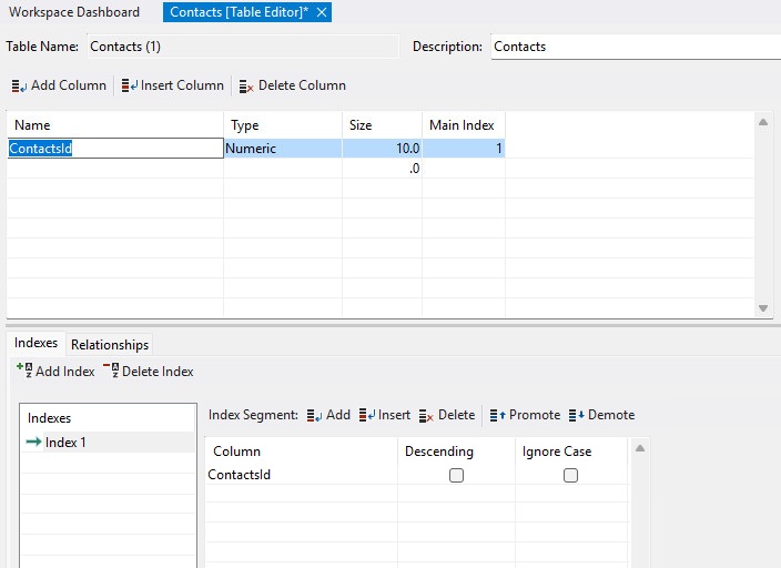 Table Editor New Contacts Table
