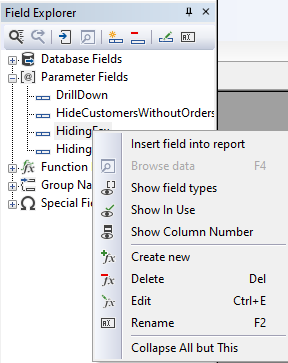Field Explorer Parameters Floating Menu